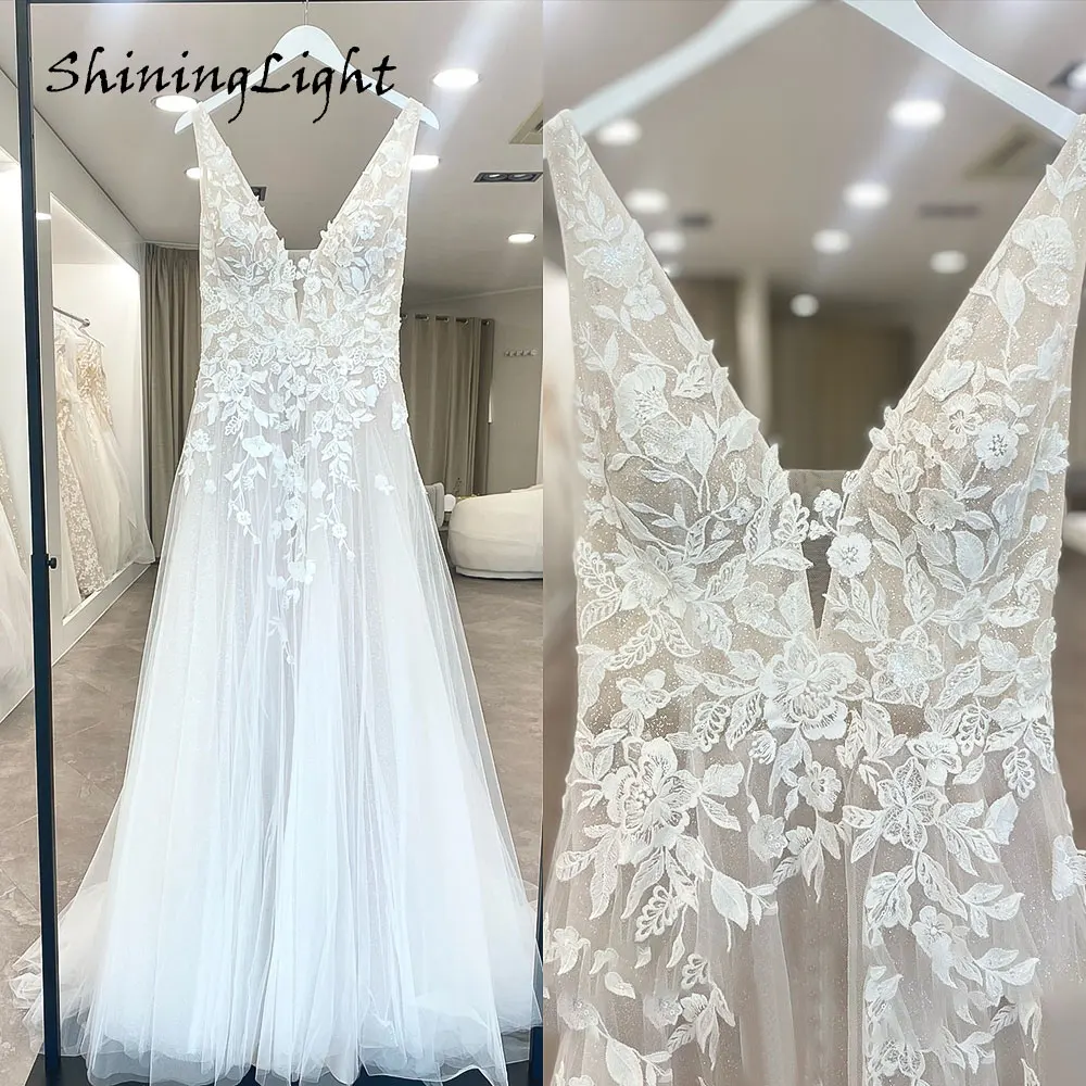 

ShiningLight Bohemian A-Line Wedding Dresses V-Neck Appliques Lace Sexy Backless Beach Wedding Bridal Soft Tulle Gown Customized