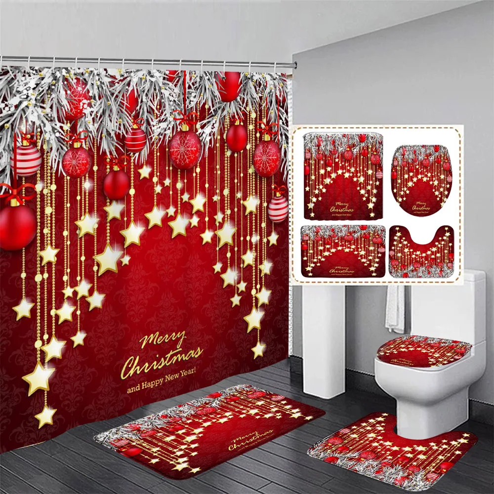 

Red Christmas Shower Curtain Set Silver Pine Branches Xmas Balls Gold Stars New Year Home Bathroom Decor Bath Mats Toilet Cover