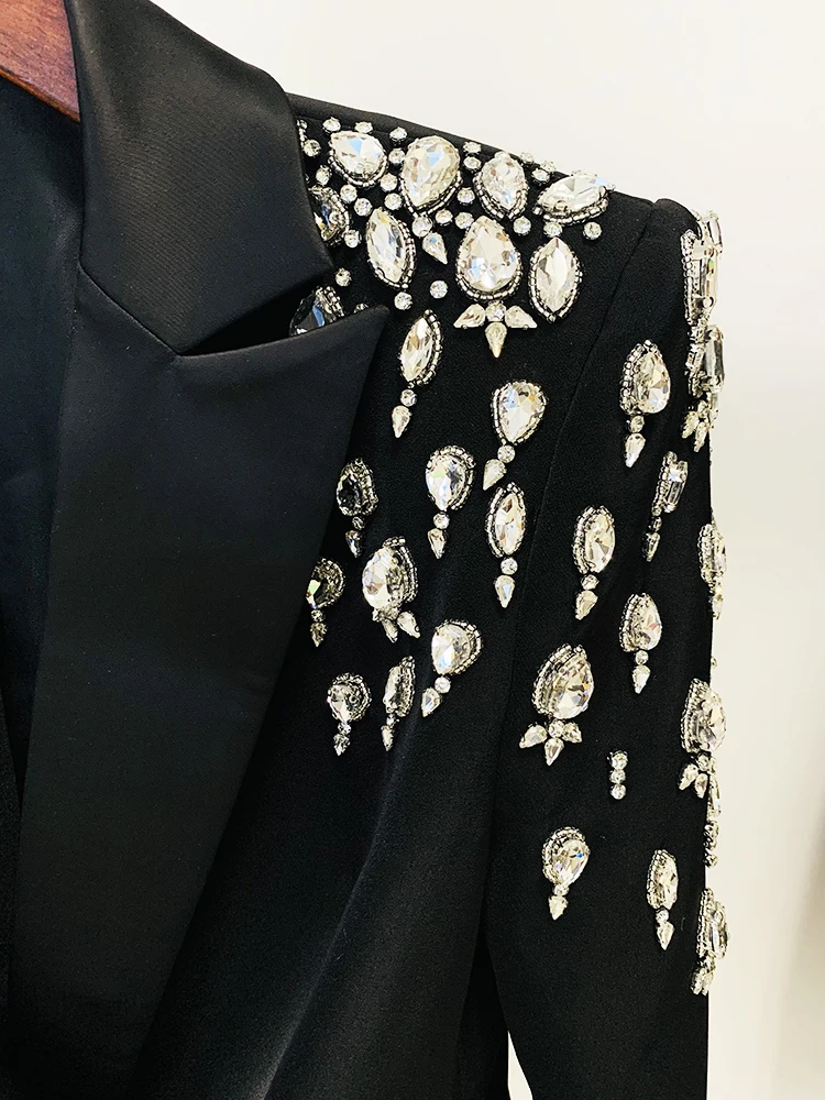 HIGH STREET Newest 2024 Designer Jacket Women\'s Double Breasted Rhinestone Diamonds Beaded Long Blazer Dress