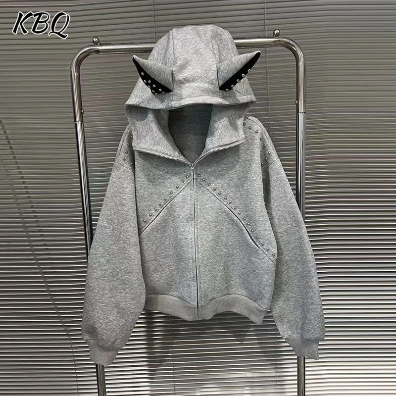 

KBQ Solid Spliced Pearl Loose Causal Coats for Women Hooded Long Sleeve Patchwork Zipper Design Sense Chic Set Female Fashion