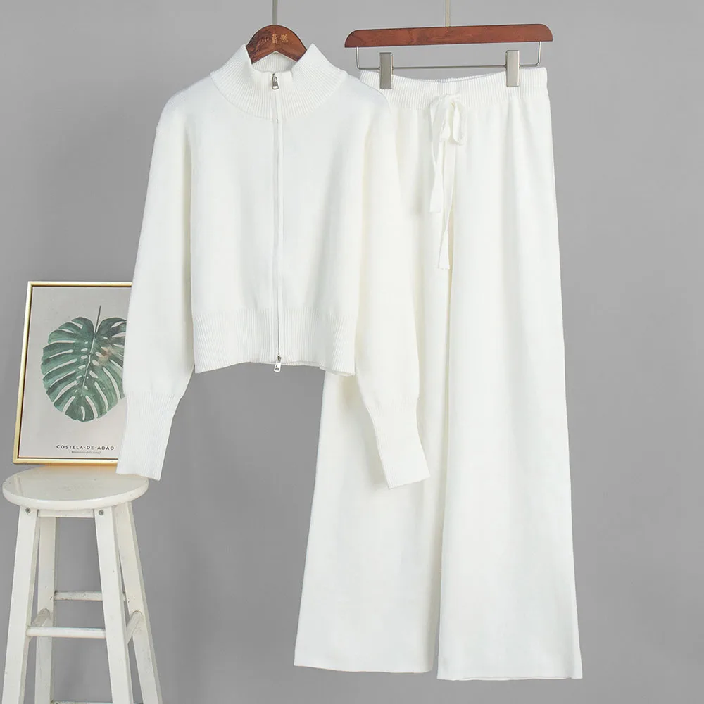Women's Matching Set Solid Color Sports Suit Long-sleeved Cardigan Sweater Trousers Two-piece Set Daily Matching Tracksuit