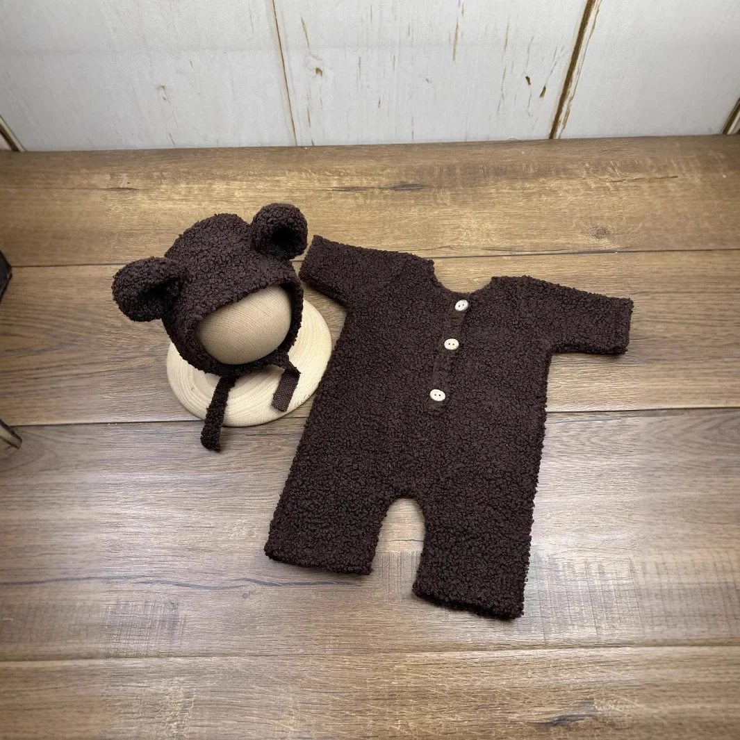 Newborn Photography Props Baby Bear Outfit Jumpsuit Hat Baby Boy Girl Animal Photo Prop