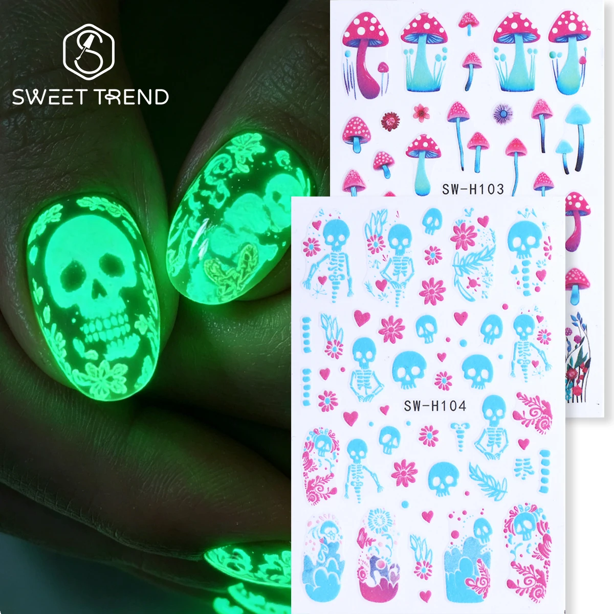 2pcs Luminous Halloween 3D Nail Sticker Gothic Skulls Skeletons Mushrooms Glow In Dark Adhesive Decal Flowers Y2K Manicure Foils