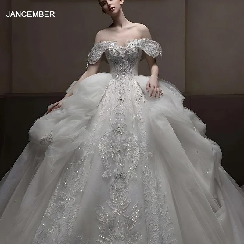 

Jancember Elegant International Wedding Dresses For Women 2024 Bride Organza Cap sleeve Lace Up Beading Vestido De Novia LSHT036