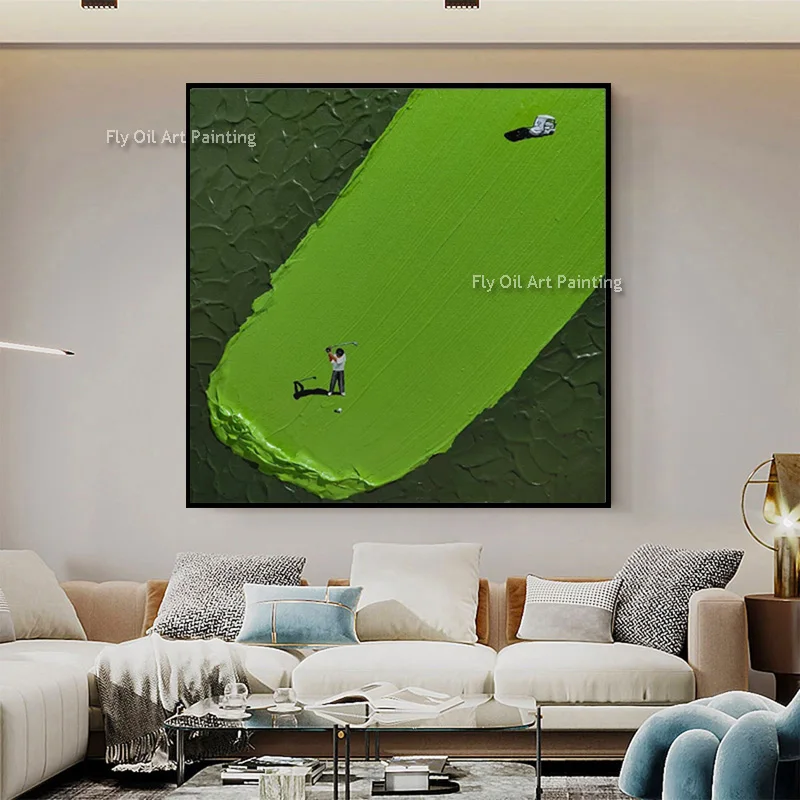 Special Golf Course Black And Green Canvas Artwork Handmade Grass Yellow People Playing Oil Painting Simple Home Wall Decor Item