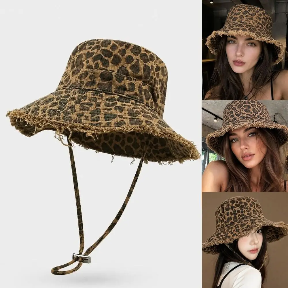 Large Brim Women's Fisherman Hat Leopard Print Folding Sun Protection Hat Distressed Washed Rough Edge Bucket Hat Travel Use