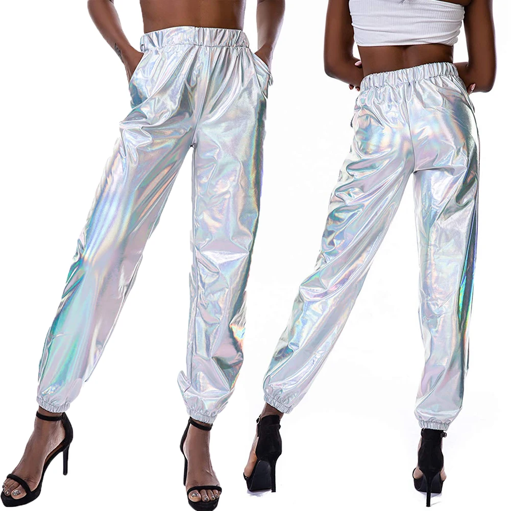 2022 High Waist Metallic Shiny Jogger Casual Holographic Color Pants Trousers Women Fashion Smoothy Reflective Streetwear Pants