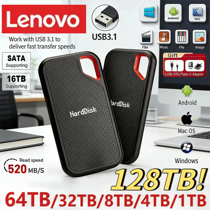

Lenovo for Laptop PS5 Mobile Hard Disk HDD Storage Hard Disk Mobile SSD E60 1TB 2TB 256TB USB 3.1 HD External Hard