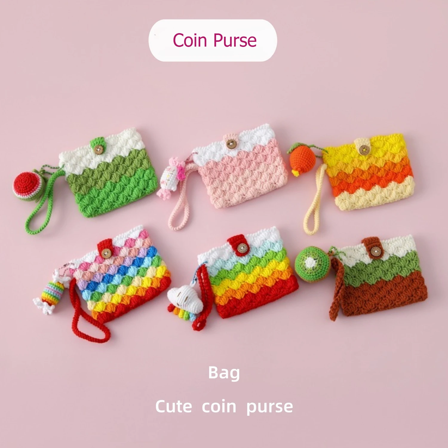 Fruits Crocheted Thread Knitted Card Pack Coin Purse Watermelon Candy, Kiwi, White Cloud Weaving Wool Handmade Finished Wool