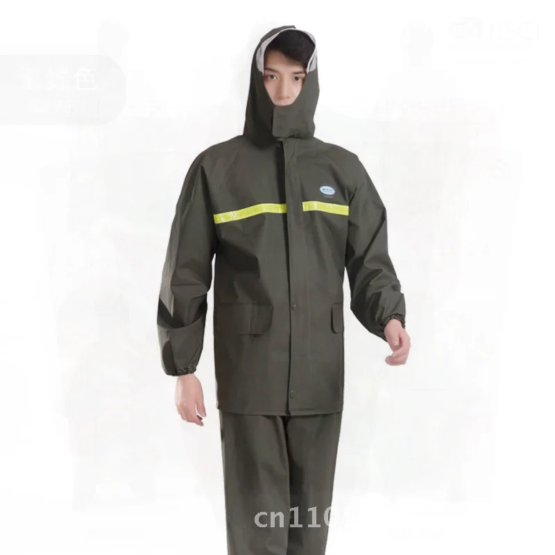 Adult Thickened Knitted Raincoat Reflective Construction Site Motorcycle Riding Suit with Ventilation Holes Dark Green PVC Glue