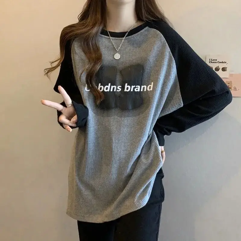 Trend Plus Size Print T Shirt Tops Spring Autumn Long Sleeve O-neck Loose Contrast Pullovers Top Casual Fashion Women Clothing