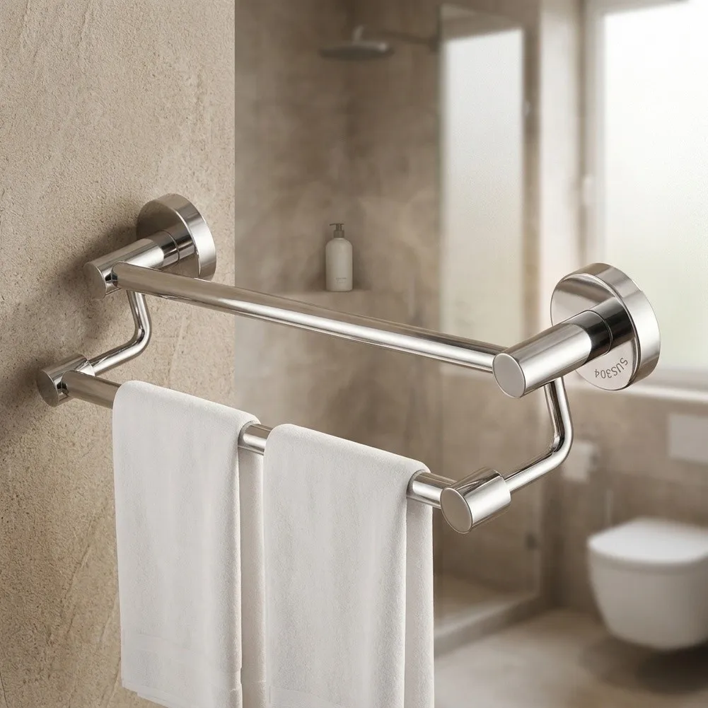 Double Bar Towel Rack with No Drill Feature Constructed from Resistant Stainless Steel for Lasting Performance