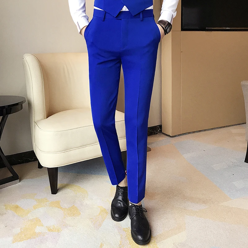 2022 Fashion Mens Royal Blue Suit Pants Pure Color Business Occupation Slim Fit Dress Pants Social Party Wedding Trousers 28-36