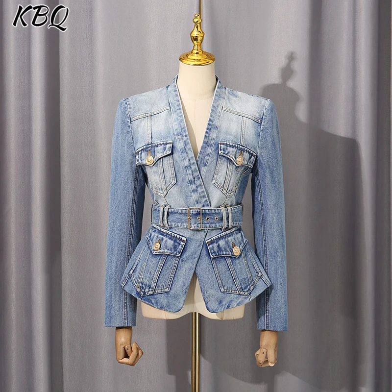 

KBQ однотонная утягивающая туника на пуговицах, джинсовые куртки для женщин, V-образный вырез, длинный рукав, высокая талия, лоскутные ремни, шикарные женские пальто