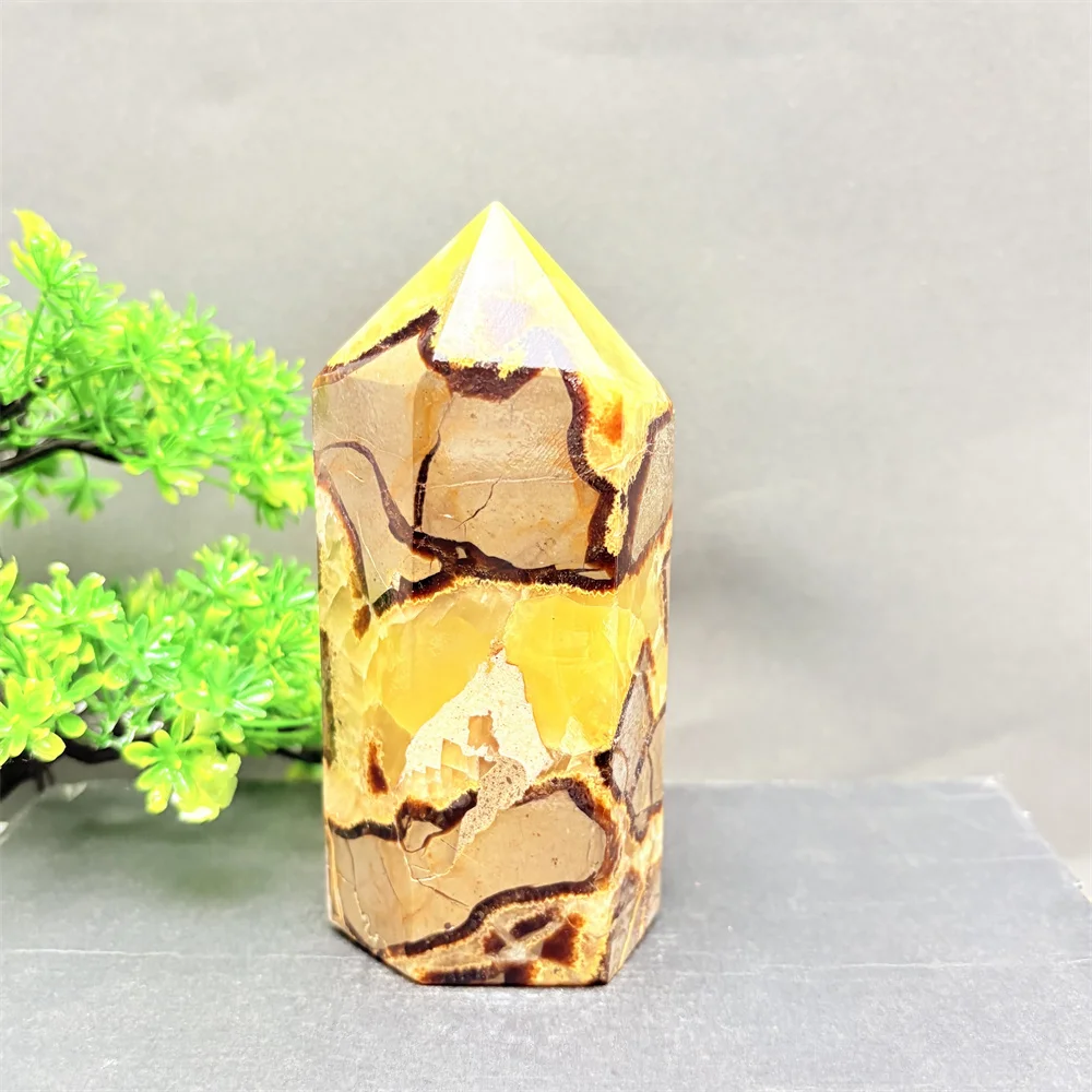 Unique Septarian Stone Crystal Point Tower Bohemian Style Hexagonal Obelisk for DIY Crafts Home Decor Crystal Grids
