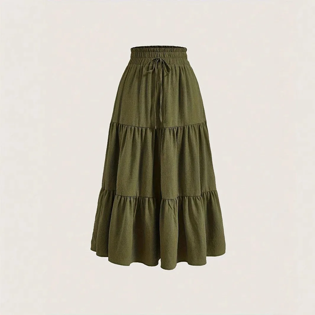 Long Length Tiered Skirt Maxi Length Japanese Korean Casual with Pleated Detail Wrinkle Finish Slight Stretch Summer Women Skirt