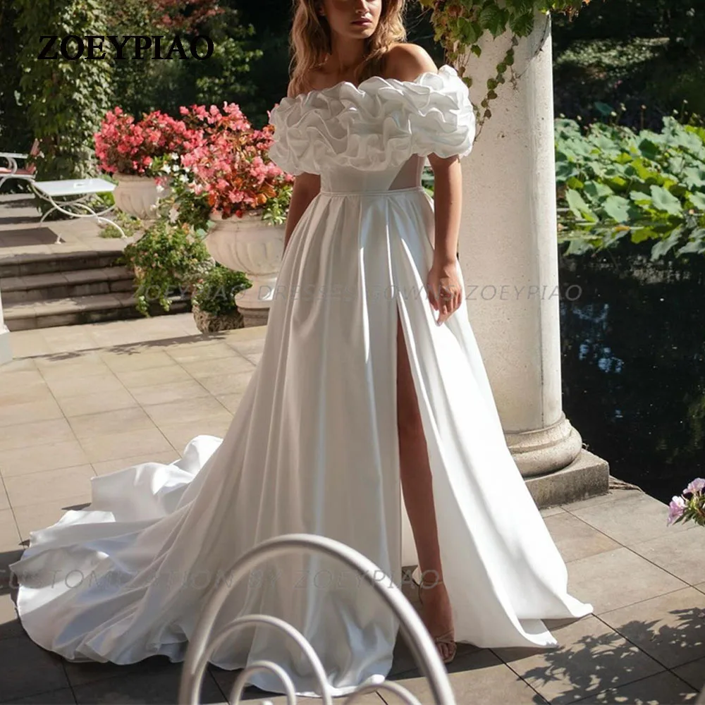 

Modern Satin Wedding Dress 2024 New Elegant Off Shoulder Strapless Side Slit Court Train A Line Bridal Gown Robe De Mariee