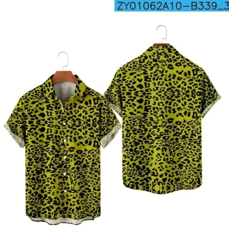 Camiseta de leopardo havaiana masculina estampada, roupas grandes casuais de manga curta para praia, camisa Y2K, estampa 3D, camisa de praia