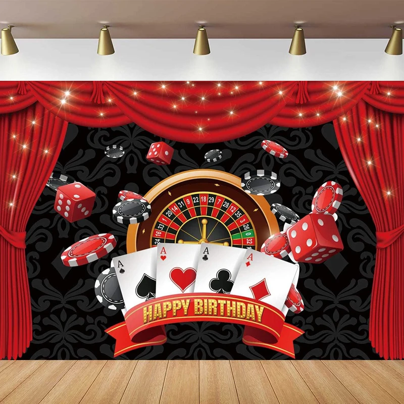 

Las Vegas Casino Birthday Party Photography Backdrop Playing Cards Red Curtain Birthday Poster Decoration Background Banner