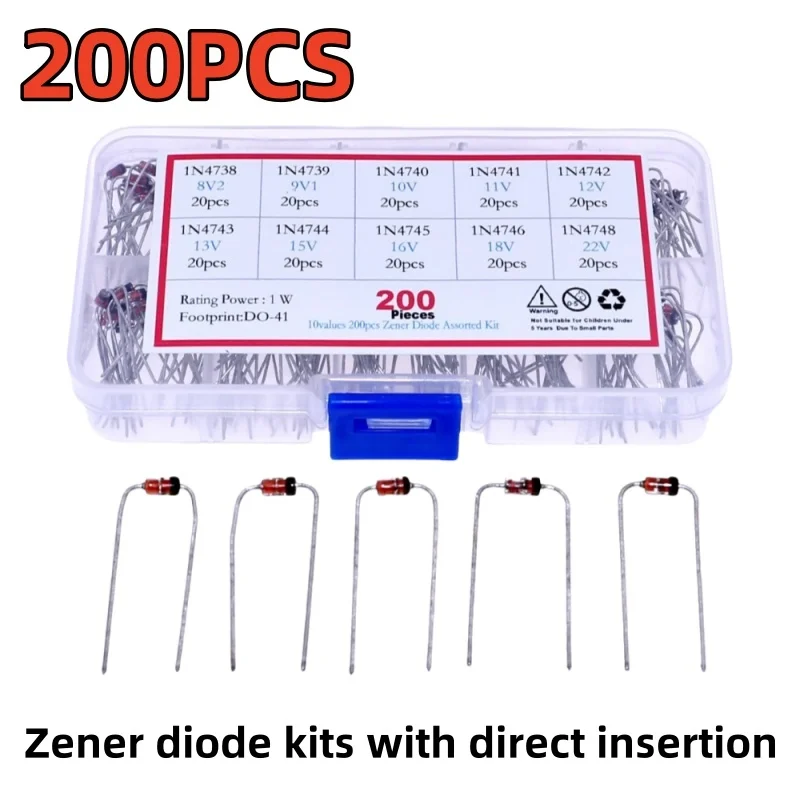 200PCS 10values * 20PCS 1N4738~1N4748 Zener diode kits with direct insertion 1N4738 1N4739 1N4740 1N4741 1N4742 1N4743 1N4744