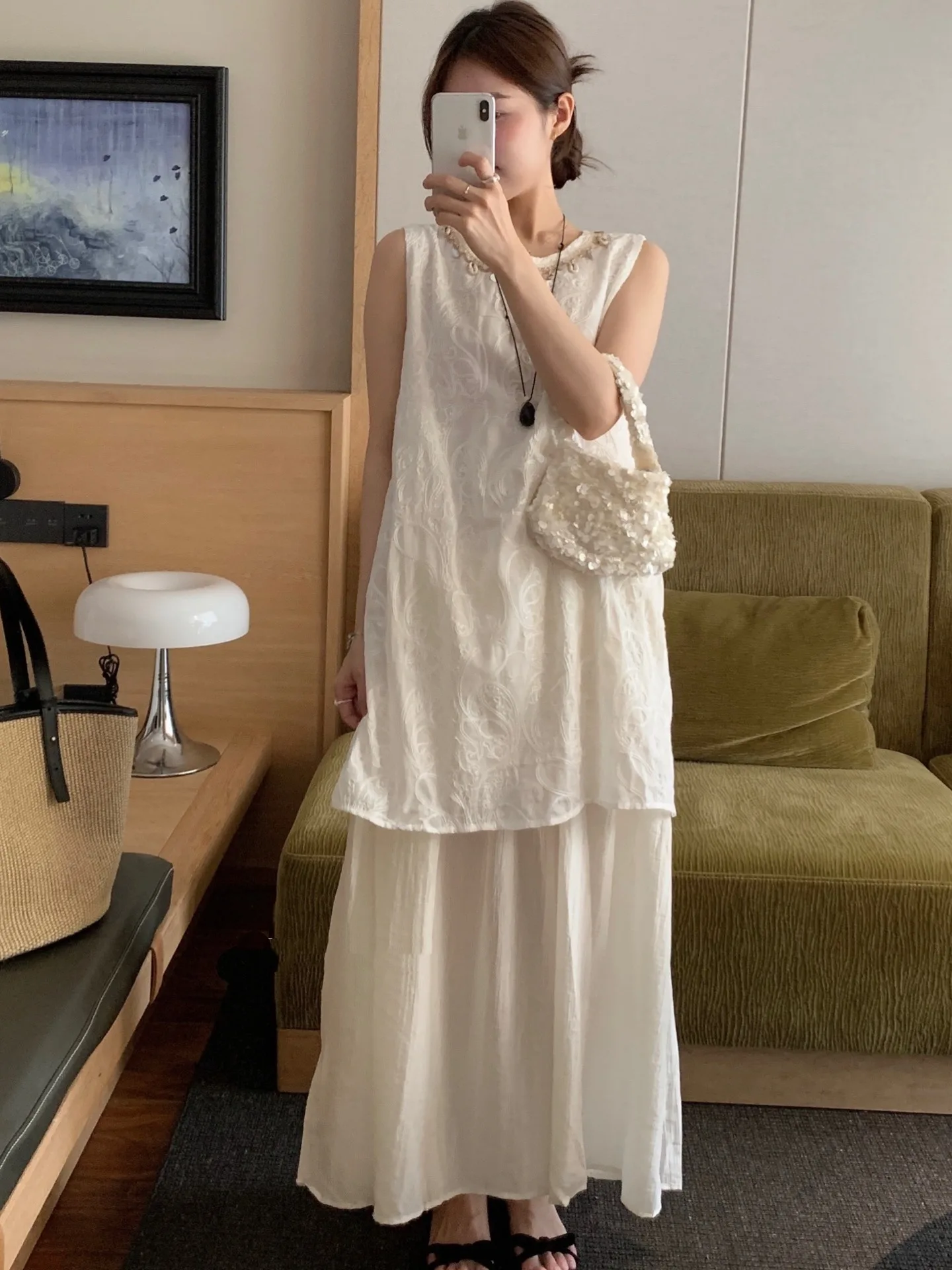 

Vaion Sle ell Decorated Print Vest Dr Women's Summer New Small Island Fake Two-Piece Long Skirt Commute Sle