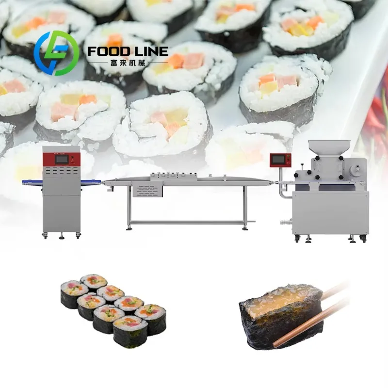 Sushi Production Line Uses Anti-Stick Sushi roll Forming Machine With Commercial Sushi Making Production Line To Cut Material