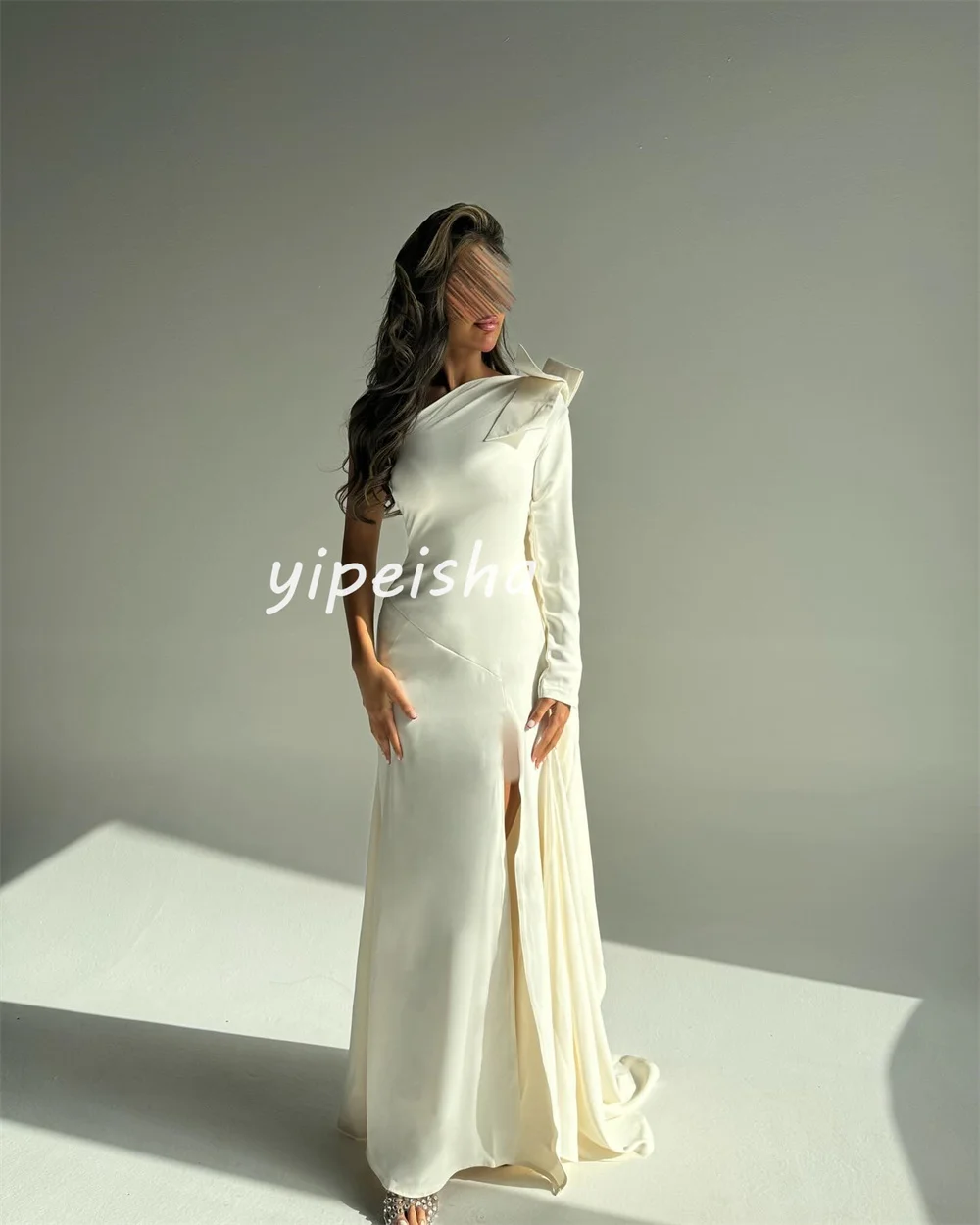 Customized Exquisite Elegant Jersey Pleat Bow Straight One-shoulder Long Dresses Homecoming Dresses Sizes Available High Quality