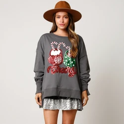 Glitter Patchwork Hoodies Vintage Tshirt Harajuku Slim Long Sleeve Streetwear Women Clothes Christmas Tee Top Autumn Winter