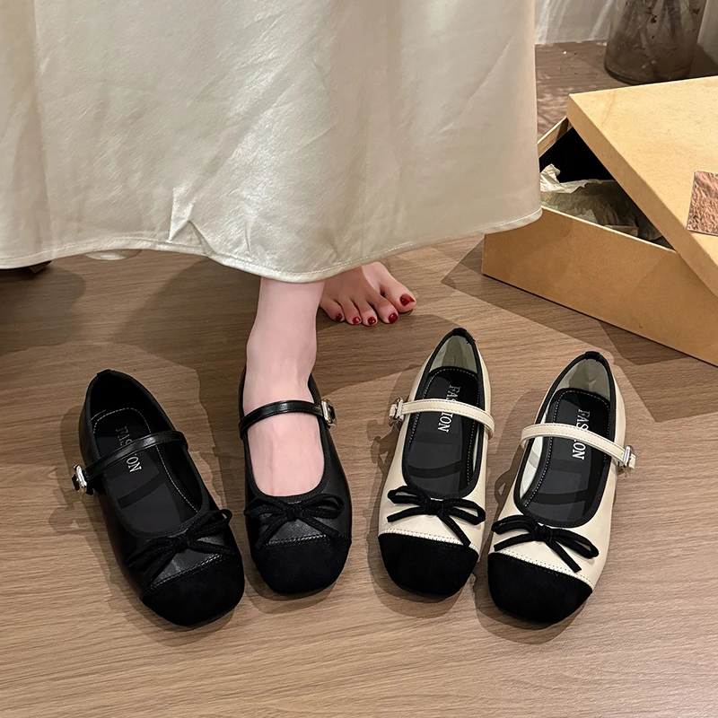 

French-style Niche Round-toe Spliced Chunky-heel Single Shoes for Women 2026 Gentle Style Bow Soft Sole Hidden-heel Pumps
