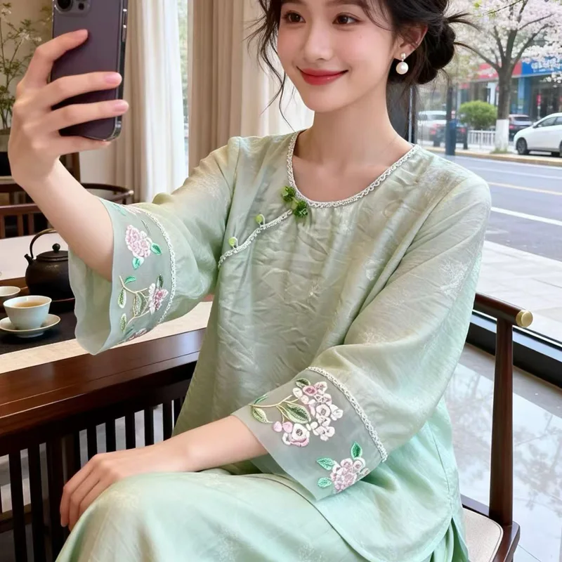 

High-end Spring Summer Embroidery Patchwork Silk Organza Top Top Women's O-Neck Flowers Loose Blouse Shirt S-XXL