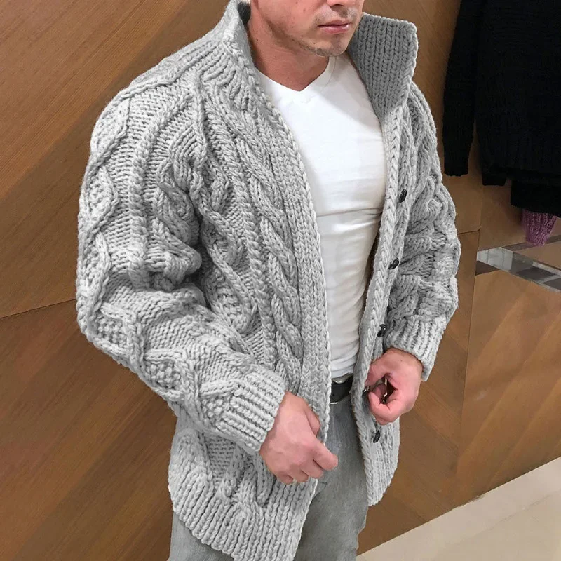 Men's Heavyweight Long - Sleeved, Stand - Collar, Single - Breasted Casual Sweater Cardigan Outerwear for Autumn and Winter.