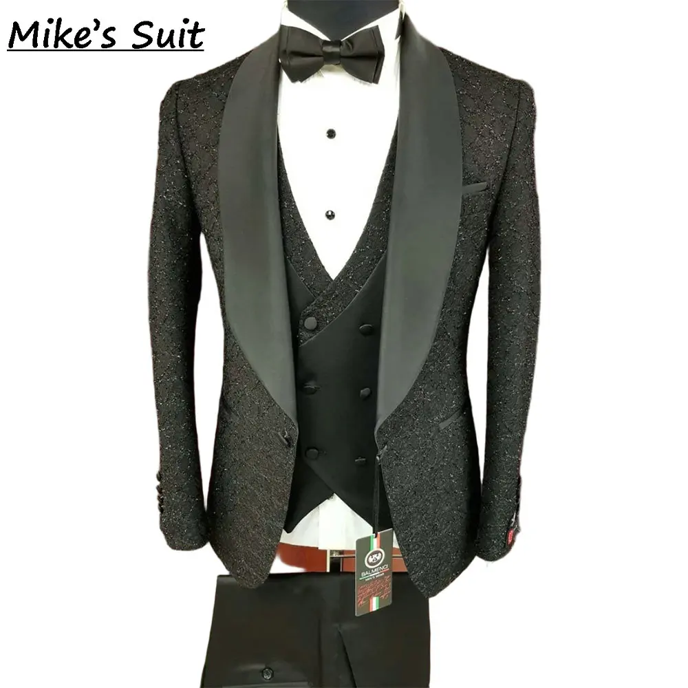 Black 3D Jacquard Suits Men For Wedding Jacket+Vest+Pants 3 Piece Man Suit Groom Tuxedos Customized Male Fashion Party Outfits