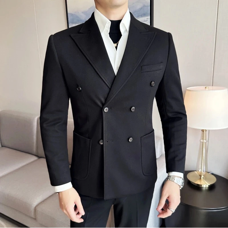 Men Wedding Blazer Men Gentleman Suit Jacket Casual Slim fit Double Breasted Business Male Solid color Only Blazers 3XL-M