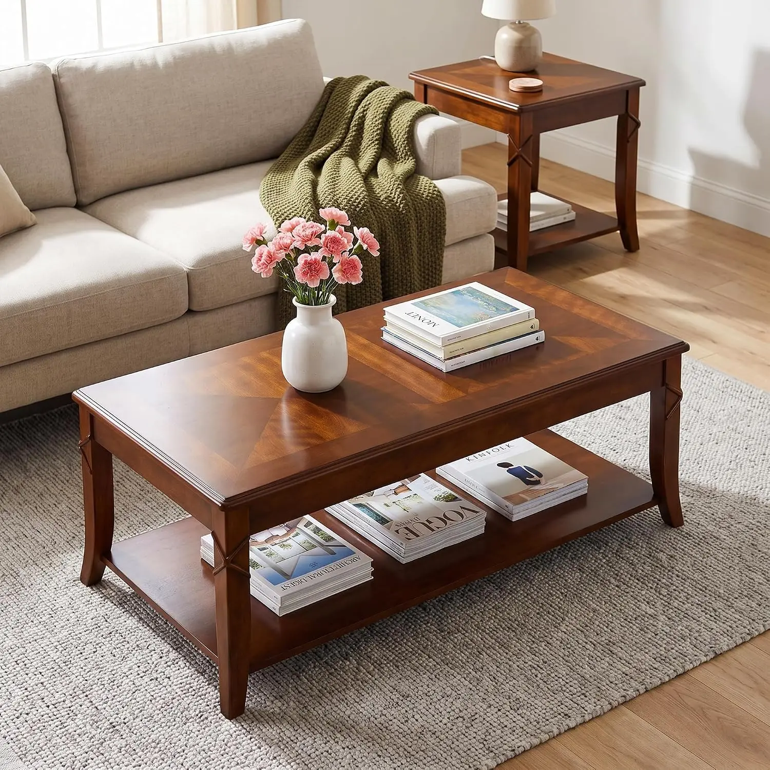Table with Storage Shelf, Mid-Century Carved Living Room Cocktail Table, 43.3