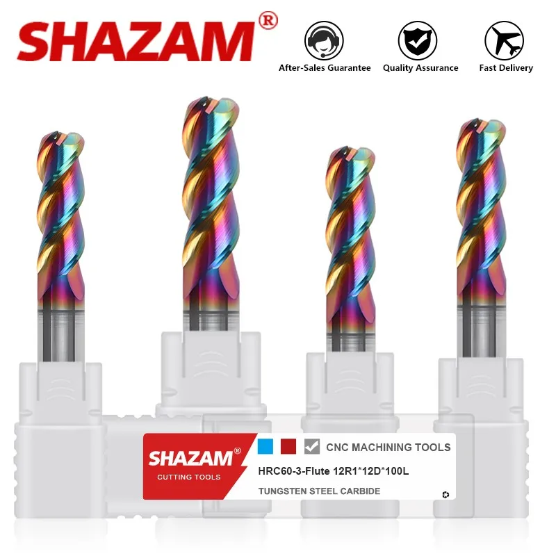 SHAZAM HRC65 Tungsten Steel Carbide DLC Coating 3-Flute Round Nose Milling Cutter CNC Machining Center End Mill Tools