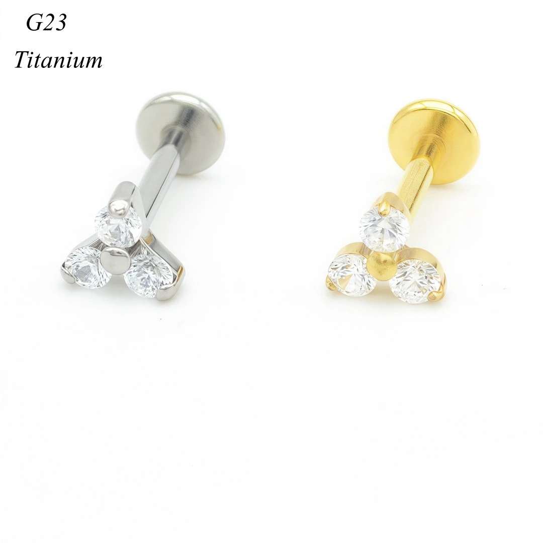 

20pcs Labret Bar G23 Titanium 3 Gem Lip Stud Ear Tragus PVD Gold Color Wholesale Body Piercing Jewelry Internal Thread