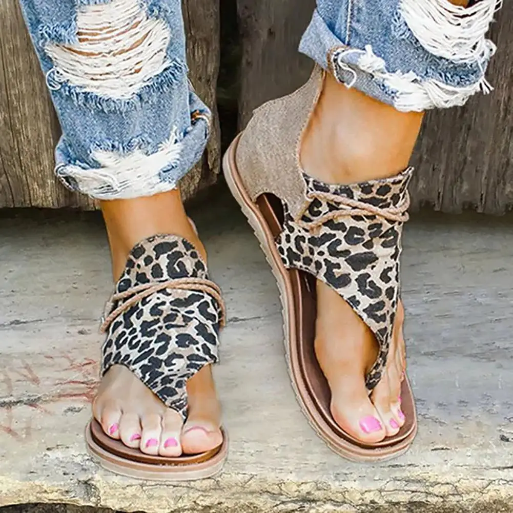 1 Pair Back Zipper Flats Heel Open Toe Beach Sandals Leopard Patchwork Clip-Toe Women Shoes Summer Casual Clip-Toe Shoes