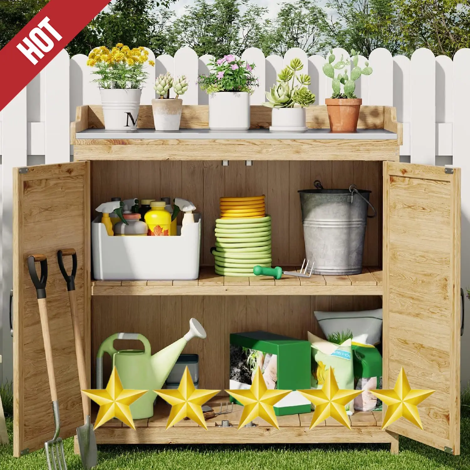 Outdoor Garden Patio Wooden Storage Cabinet with Adjustable ShelfOutdoor Potting Bench with Metal Tabletop,Double Doors Garden