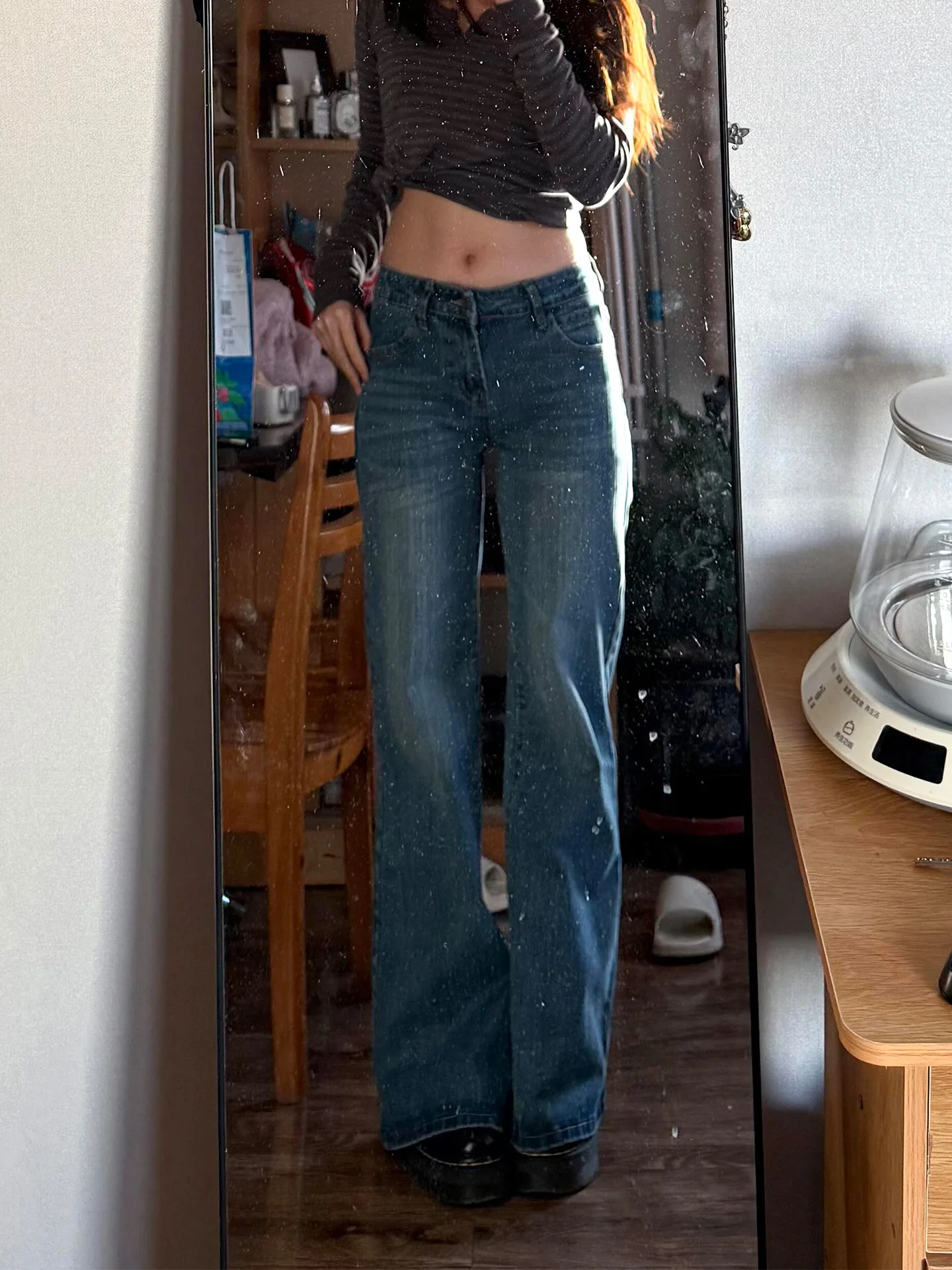 

Американские джинсы с высокой талией и прямыми штанинами, темно-синие, женские, зимние, новая модная модель, облегающие широкие брюки, повседневные теплые джинсы