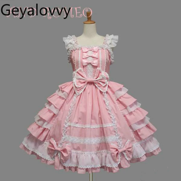 Lolita Gothic Retro Chiffon Lace Bow High Waist Mid-length Dress Japanese Sweet Cute Girl COS Ball Party Sleeveless Dress