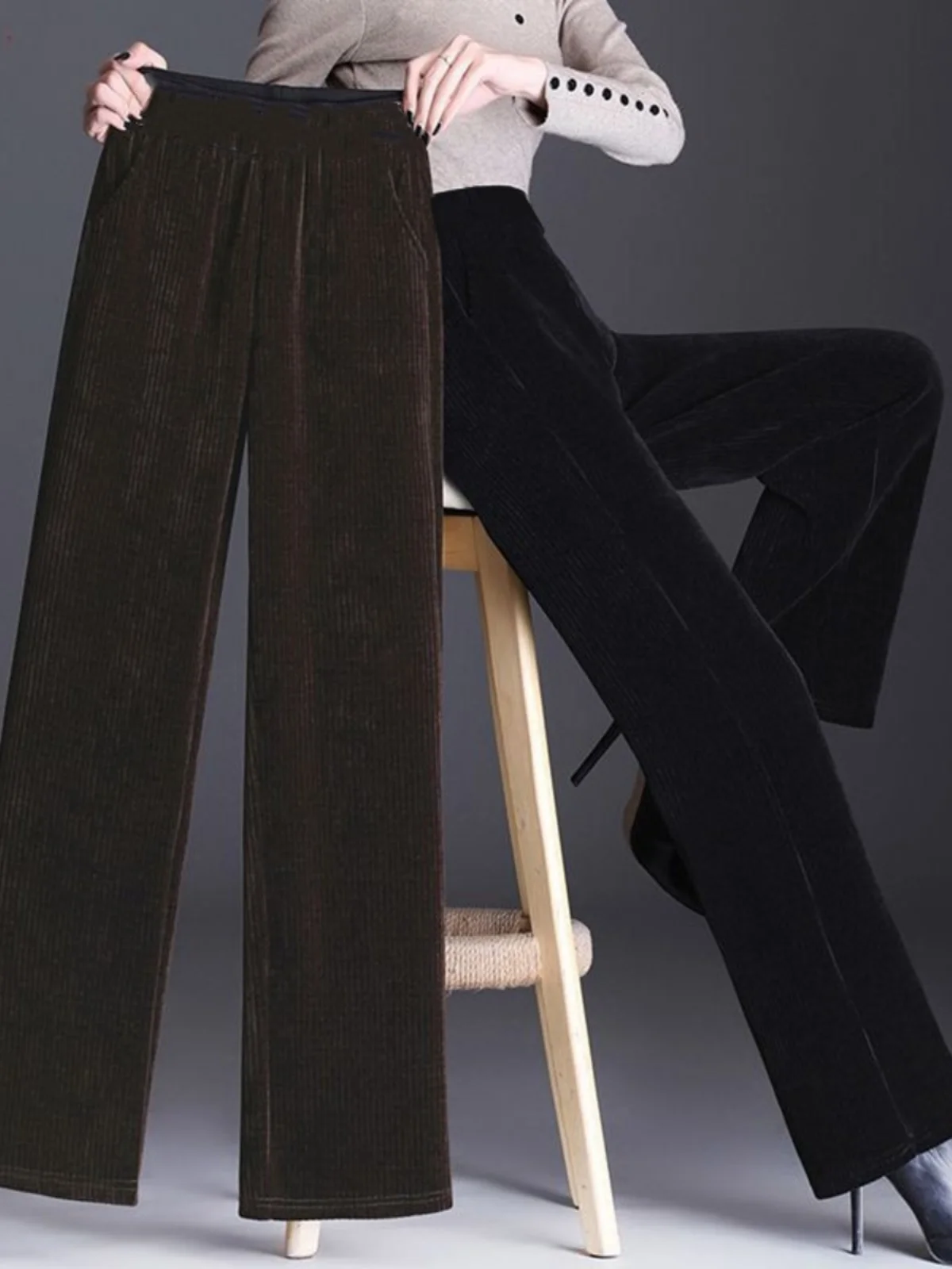 High Waist Corduroy Wide Leg Pants Women's Autumn Winter Faion Slimming Bla Straight Leg Fce Lined Warm Drapey Casual ...