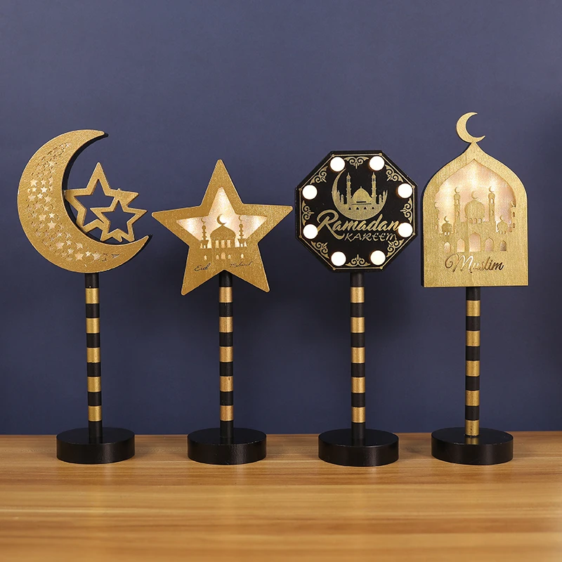 

LED Eid Mubarak Lamp Star Moon Wooden Desktop Ornament Atmosphere Light Ramadan Kareem Decor Islamic Muslim Home Party Supplies