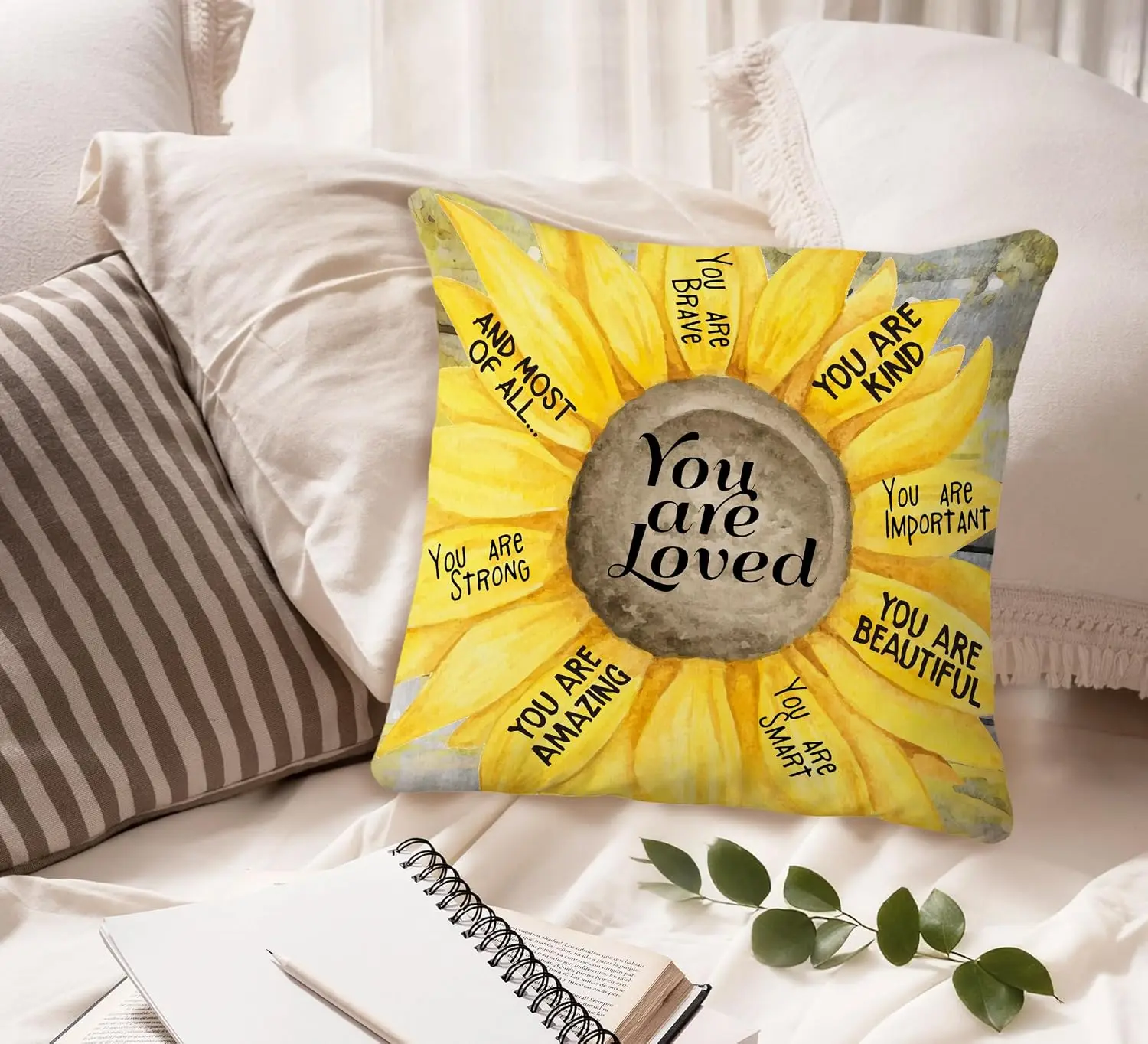 Motivational Sunflower Pillowcase Boho Nursery Decor Affirmation Cushion Cover for Bedroom Home Gift 45x45cm