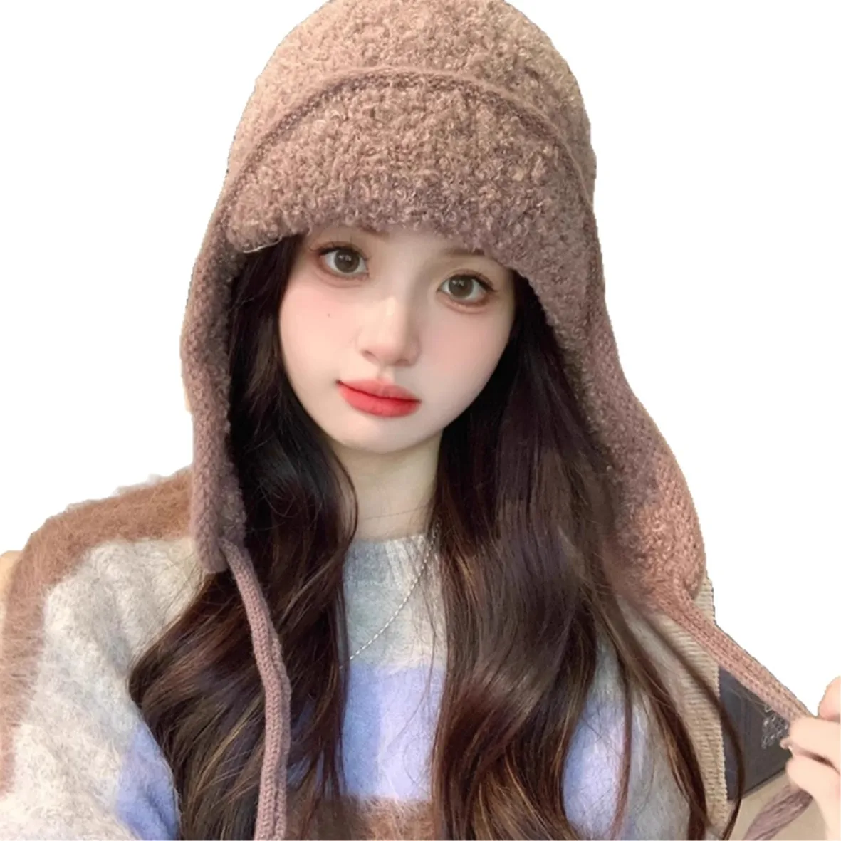 بلون شتاء دافئ محبوك بيني النساء الدافئة الصوفية اليابانية قبعة كومة قبعات سدادات حماية الأذن التعادل البلوز قبعة منفذها القبعات