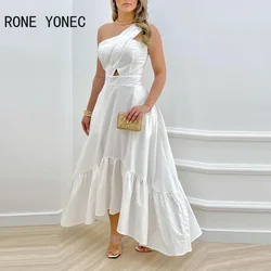 Kobiety solidne eleganckie jedno ramię wzburzyć Hem drążą zamek Sexy Maxi białe sukienki