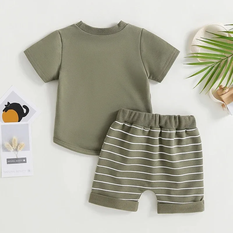 Summer Baby Boys Round Neck Color Blocked Pocket T-shirt+Striped Elastic Waist Shorts Set