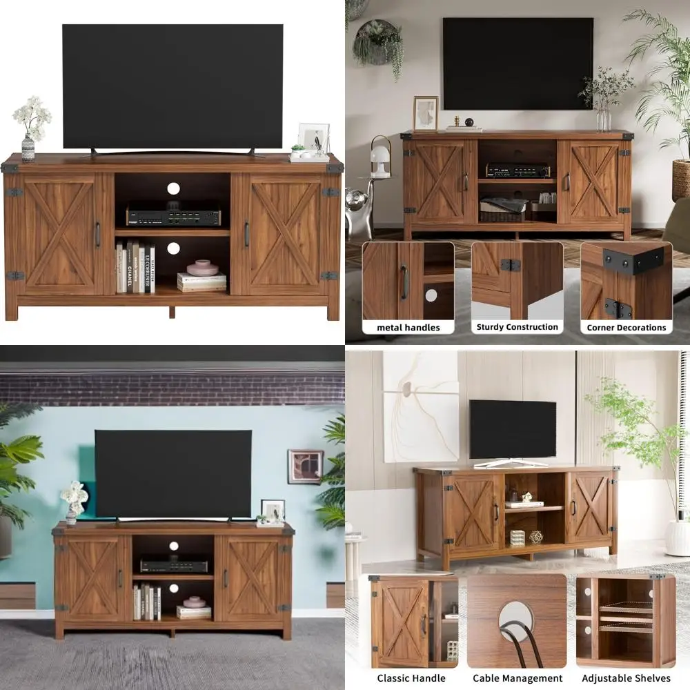 Farmhouse Style 65 Inch TV Stand with Double Barn Doors, Storage Cabinets, and Media Console Entertainment Center