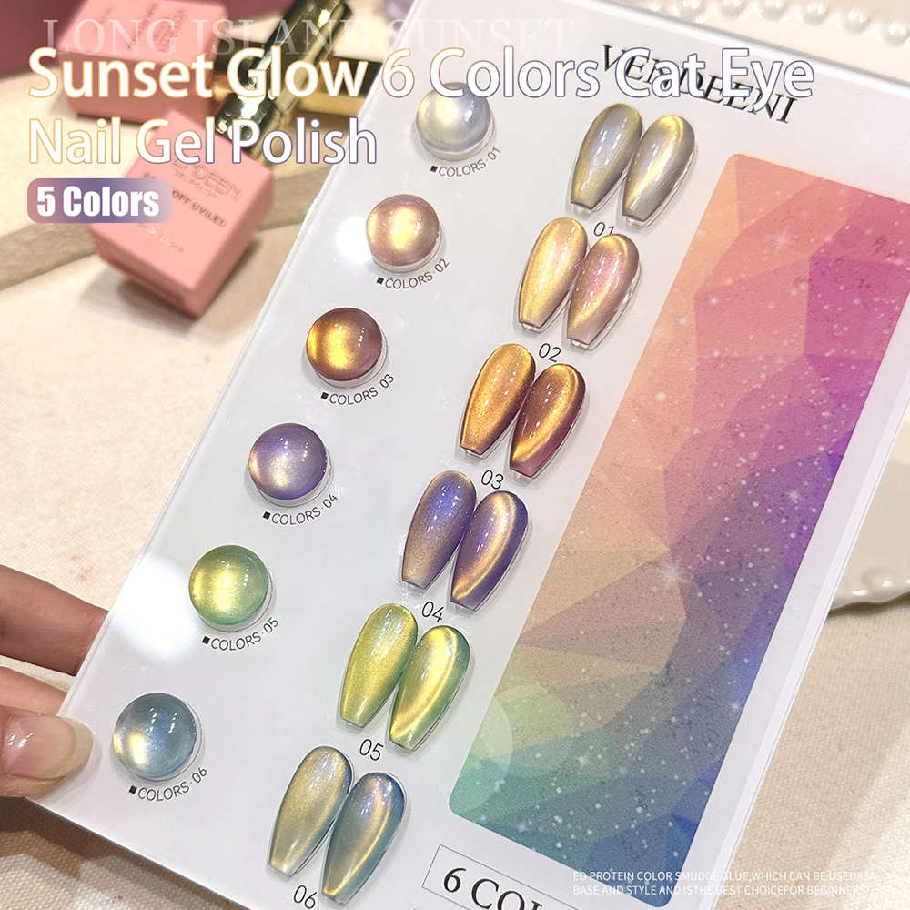 Vendeeni 6-Farben-Kristall-Katzenaugen-Gel-Nagellack-Set, semi-permanent, funkelnd, magnetisch, UV-LED, Soak Off Gel-Lack mit Display