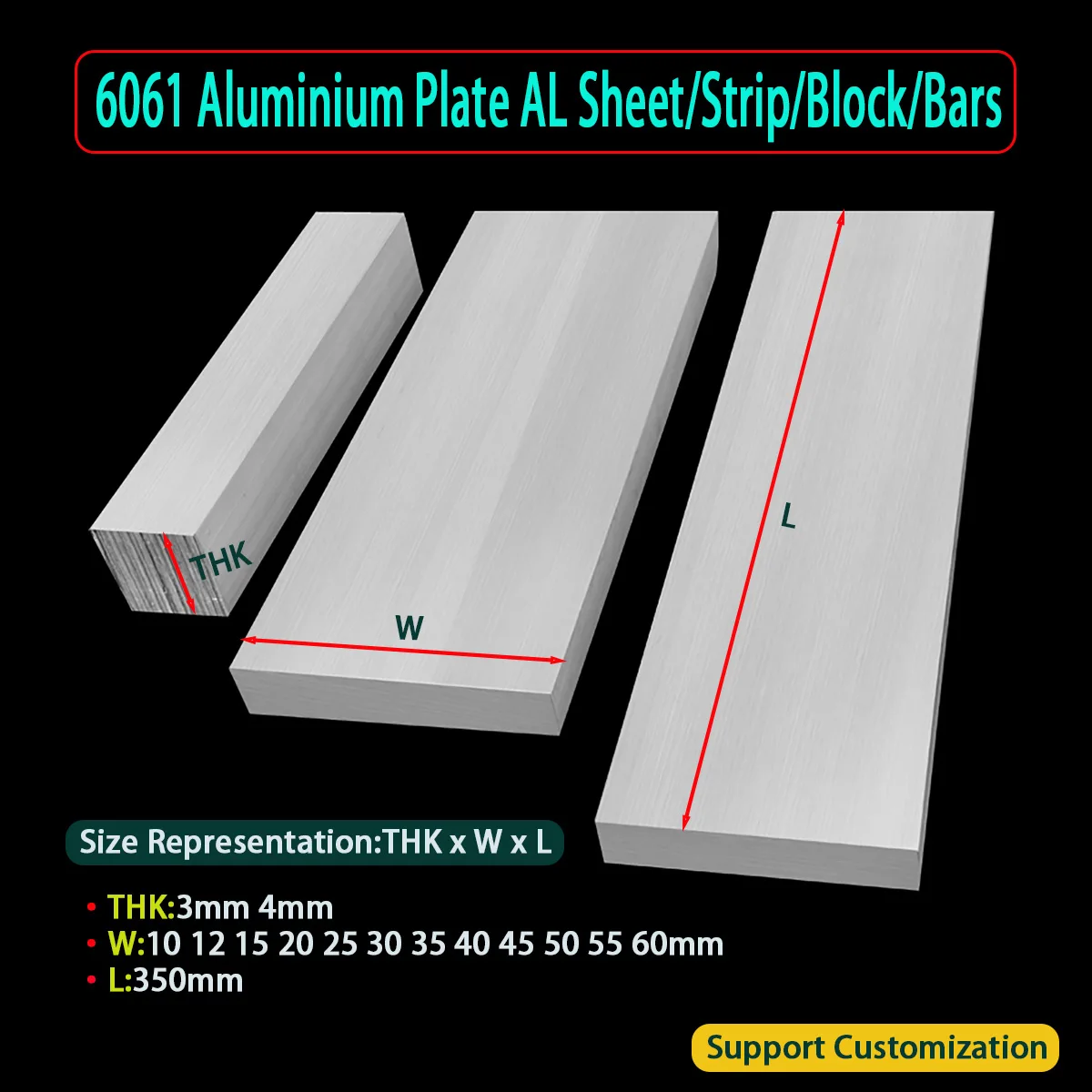 

6061 Aluminium Flat Bar Plate Strip Block CNC Metal Thick 3/4mm Width 10 12 15 20 25 30 35 40 45 50 55 60mm Length350mm