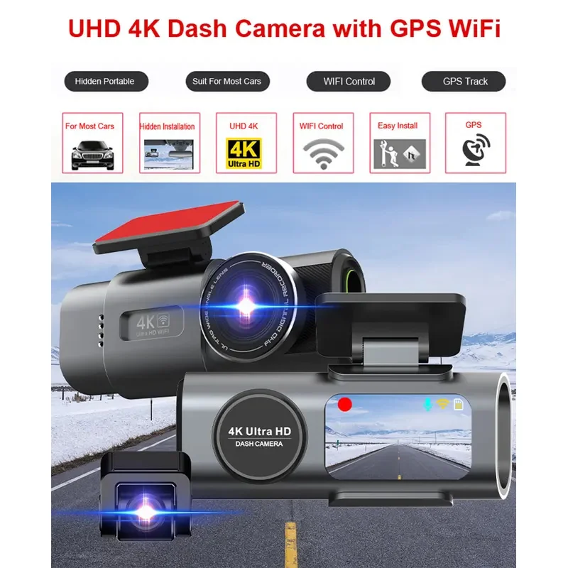 HAOGU Dash Cam Dual Lens 4K UHD Recording Car Camera DVR Night Vision Video Recorder Built-In Wi-Fi Support GPS 24H Parking